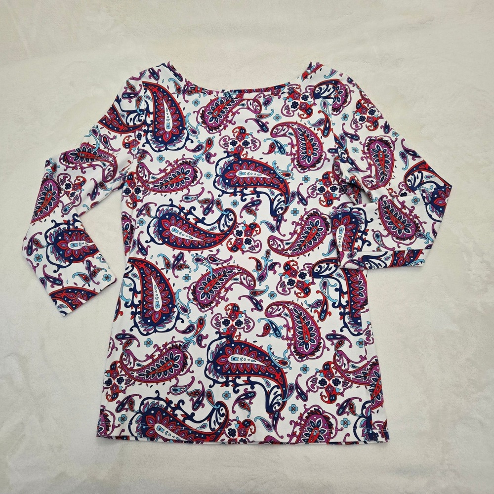 Talbots Womens XS Paisley Boatneck Top White Red Blue 3/4 Sleeve Cotton Blend